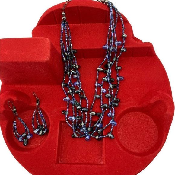 Beaded Necklace Earring Set Faux Lapis Nugget Blue Multi-strand Fashion Lot 0351 - Picture 2 of 13